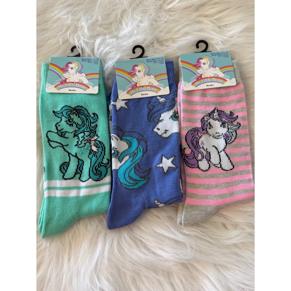My Little Pony Crew Socks 3 Pair Bundle Mint Blue Pink Striped NWT Size 10-13